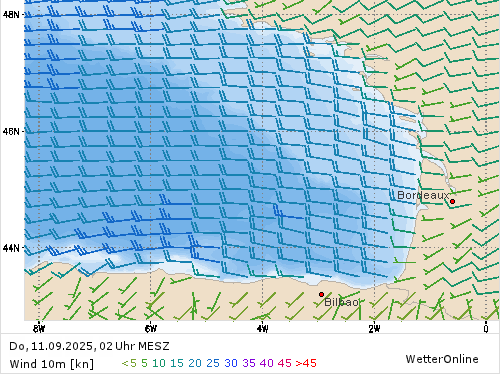Windstärke (kn) und -richtung Do, 02 Uhr MESZ