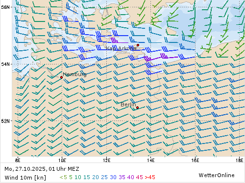 Windstärke (kn) und -richtung Mo, 01 Uhr MEZ