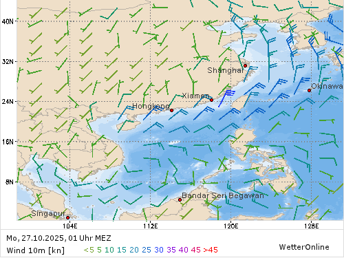 Windstärke (kn) und -richtung Mo, 01 Uhr MEZ