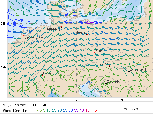 Windstärke (kn) und -richtung Mo, 01 Uhr MEZ
