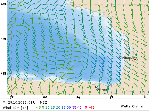 Windstärke (kn) und -richtung Mi, 01 Uhr MEZ Windstärke (kn) und -richtung Mi, 01 Uhr MEZ