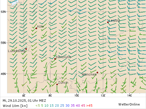 Windstärke (kn) und -richtung Mi, 01 Uhr MEZ