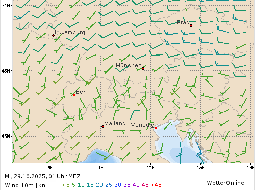 Windstärke (kn) und -richtung Mi, 01 Uhr MEZ Windstärke (kn) und -richtung Mi, 01 Uhr MEZ