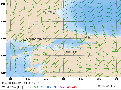 Windstärke (kn) und -richtung Do, 01 Uhr MEZ