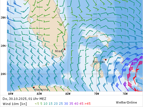 Windstärke (kn) und -richtung Do, 01 Uhr MEZ Windstärke (kn) und -richtung Do, 01 Uhr MEZ