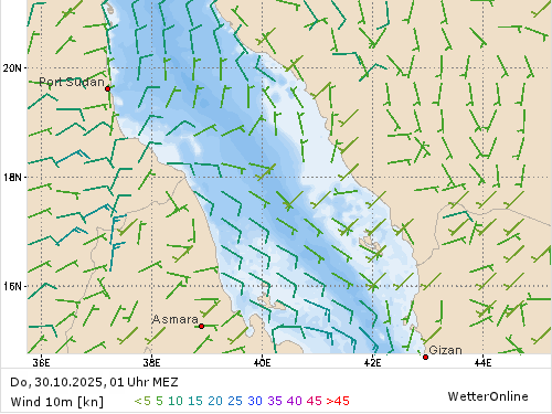 Windstärke (kn) und -richtung Do, 01 Uhr MEZ