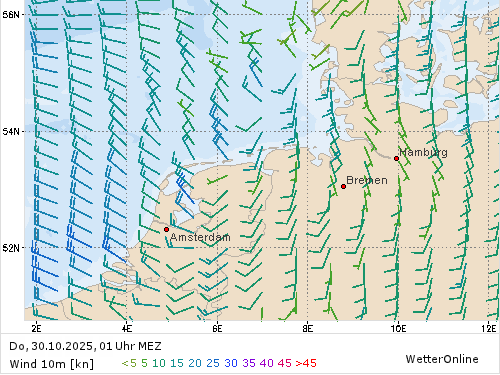 Windstärke (kn) und -richtung Do, 01 Uhr MEZ