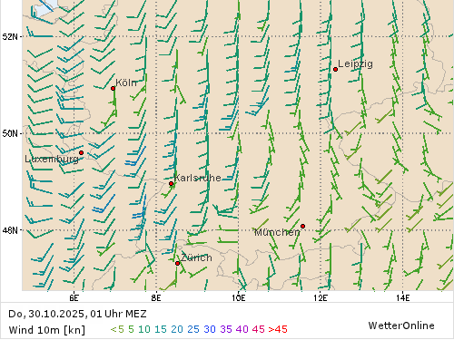 Windstärke (kn) und -richtung Do, 01 Uhr MEZ