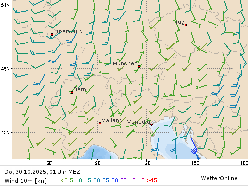 Windstärke (kn) und -richtung Do, 01 Uhr MEZ