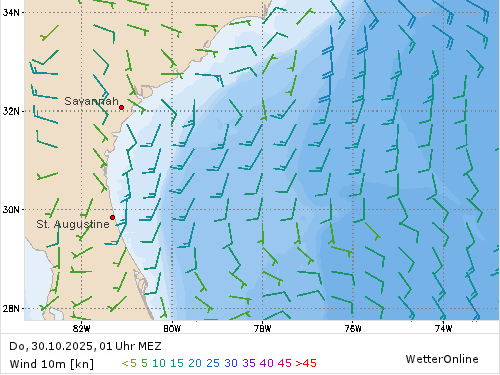 Windstärke (kn) und -richtung Do, 01 Uhr MEZ Windstärke (kn) und -richtung Do, 01 Uhr MEZ