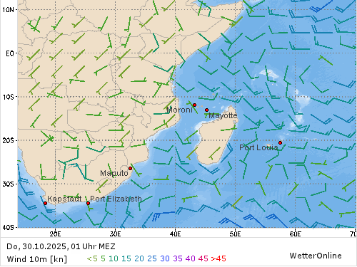 Windstärke (kn) und -richtung Do, 01 Uhr MEZ