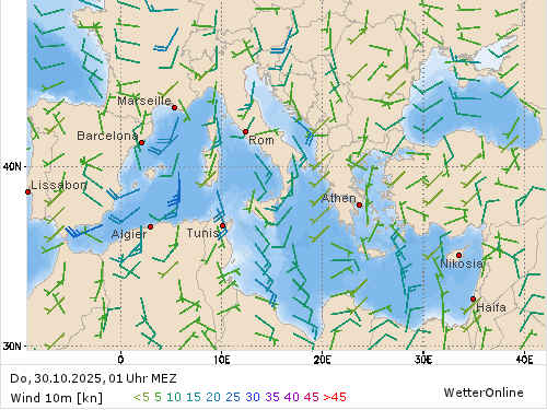 Windstärke (kn) und -richtung Do, 01 Uhr MEZ