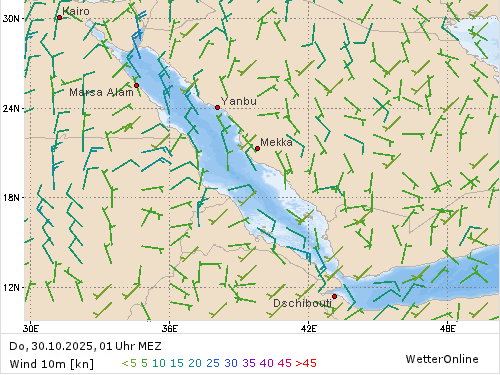 Windstärke (kn) und -richtung Do, 01 Uhr MEZ
