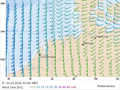 Windstärke (kn) und -richtung Fr, 01 Uhr MEZ Windstärke (kn) und -richtung Fr, 01 Uhr MEZ