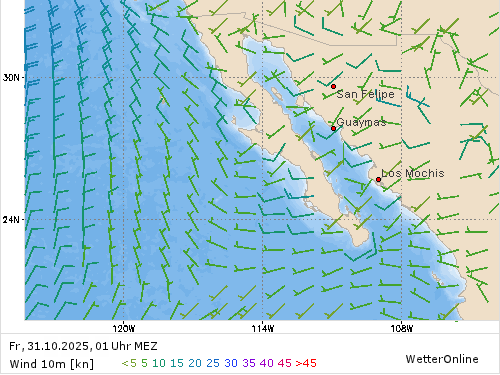 Windstärke (kn) und -richtung Fr, 01 Uhr MEZ