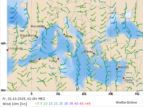 Windstärke (kn) und -richtung Fr, 01 Uhr MEZ