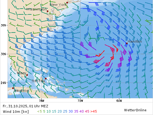 Windstärke (kn) und -richtung Fr, 01 Uhr MEZ
