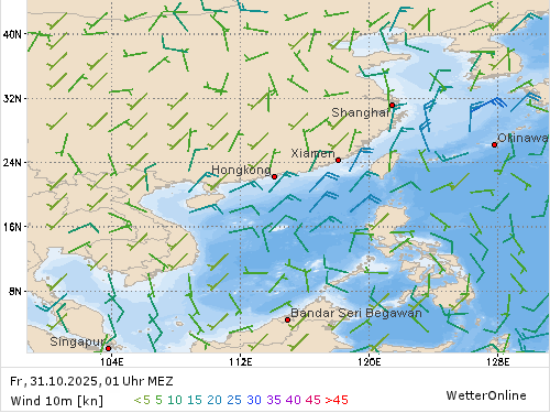 Windstärke (kn) und -richtung Fr, 01 Uhr MEZ