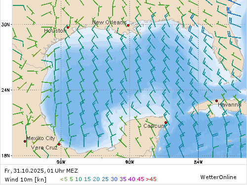 Windstärke (kn) und -richtung Fr, 01 Uhr MEZ