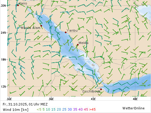 Windstärke (kn) und -richtung Fr, 01 Uhr MEZ