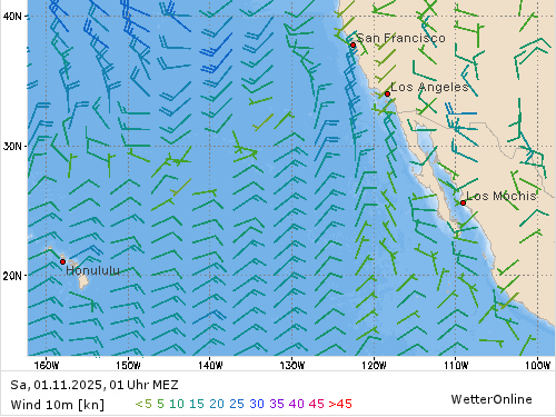 Windstärke (kn) und -richtung Sa, 01 Uhr MEZ