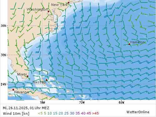 Windstärke (kn) und -richtung Mi, 01 Uhr MEZ