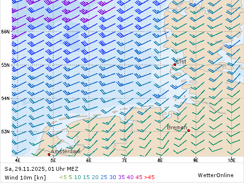 Windstärke (kn) und -richtung Sa, 01 Uhr MEZ