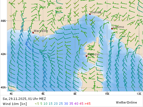 Windstärke (kn) und -richtung Sa, 01 Uhr MEZ
