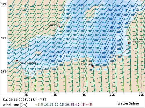 Windstärke (kn) und -richtung Sa, 01 Uhr MEZ