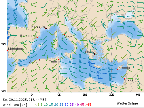 Windstärke (kn) und -richtung So, 01 Uhr MEZ