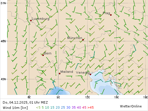 Windstärke (kn) und -richtung Do, 01 Uhr MEZ