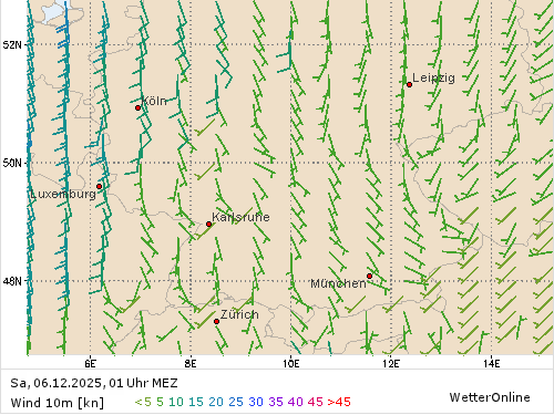 Windstärke (kn) und -richtung Sa, 01 Uhr MEZ