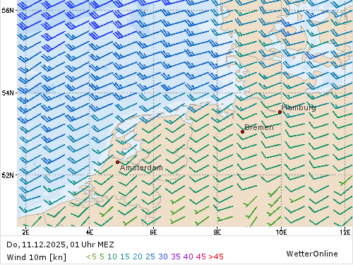 Windstärke (kn) und -richtung Do, 01 Uhr MEZ