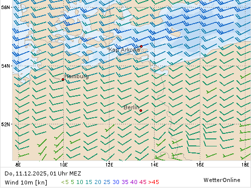 Windstärke (kn) und -richtung Do, 01 Uhr MEZ