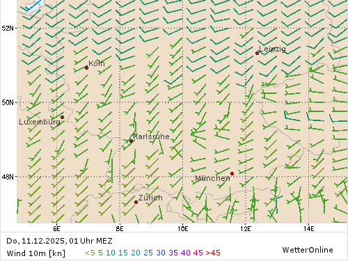 Windstärke (kn) und -richtung Do, 01 Uhr MEZ