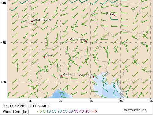 Windstärke (kn) und -richtung Do, 01 Uhr MEZ