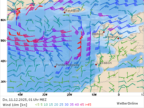 Windstärke (kn) und -richtung Do, 01 Uhr MEZ