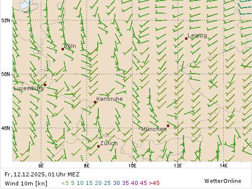 Windstärke (kn) und -richtung Fr, 01 Uhr MEZ