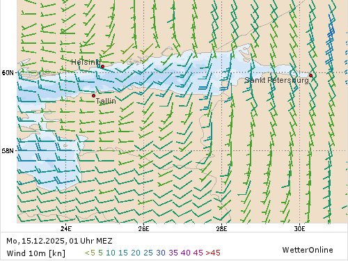 Windstärke (kn) und -richtung Mo, 01 Uhr MEZ