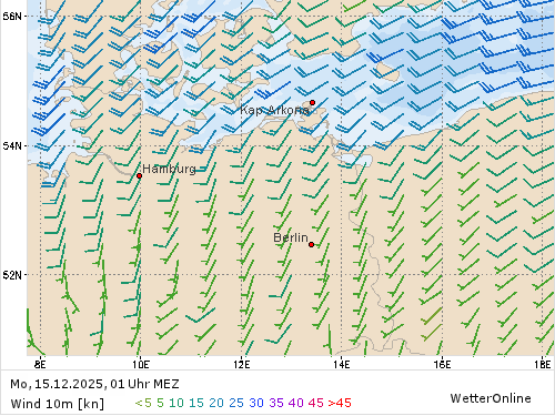 Windstärke (kn) und -richtung Mo, 01 Uhr MEZ