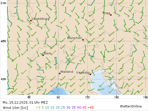 Windstärke (kn) und -richtung Mo, 01 Uhr MEZ
