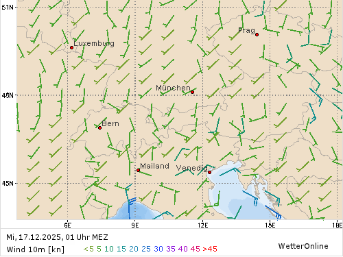 Windstärke (kn) und -richtung Mi, 01 Uhr MEZ
