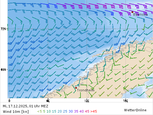 Windstärke (kn) und -richtung Mi, 01 Uhr MEZ