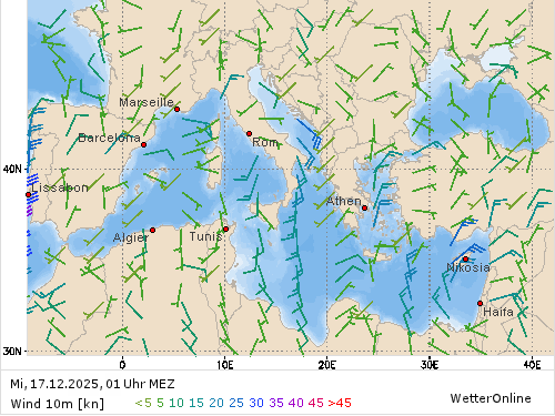 Windstärke (kn) und -richtung Mi, 01 Uhr MEZ