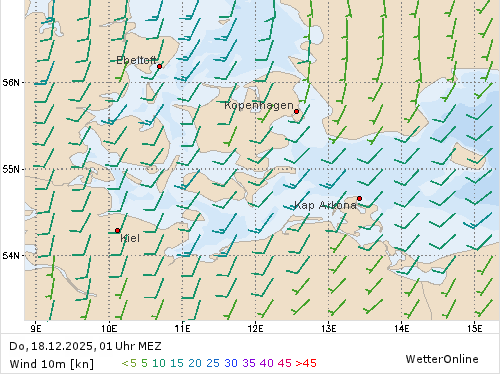 Windstärke (kn) und -richtung Do, 01 Uhr MEZ
