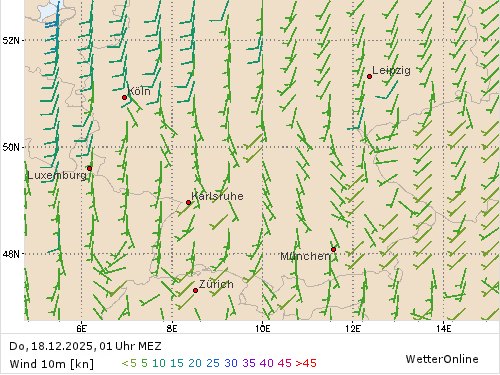 Windstärke (kn) und -richtung Do, 01 Uhr MEZ