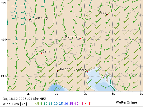 Windstärke (kn) und -richtung Do, 01 Uhr MEZ