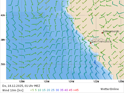 Windstärke (kn) und -richtung Do, 01 Uhr MEZ