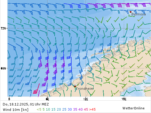 Windstärke (kn) und -richtung Do, 01 Uhr MEZ
