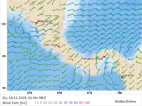Windstärke (kn) und -richtung Do, 01 Uhr MEZ
